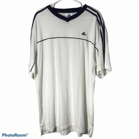 Adidas Vintage White Navy 3 Stripe Athletic Tee - Picture 1 of 6